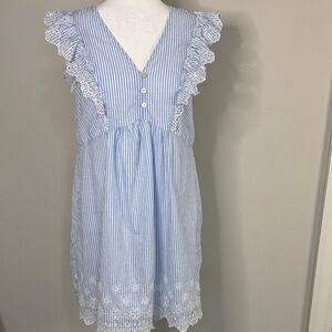 LOFT Blue and White Striped Lace-Trim Sleeveless Dress